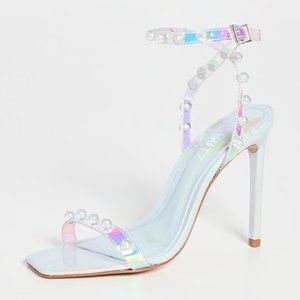 SCHUTZ Women' s Pietra Faux Pearl-Embellished Vinyl Heeled Sandals Size 7
